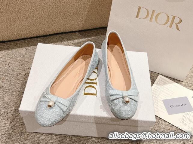 Purchase Dior Ballet Flat in Quilted Cannage Tweed with Pearl Bow Light Blue 1231101