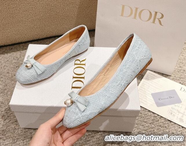 Purchase Dior Ballet Flat in Quilted Cannage Tweed with Pearl Bow Light Blue 1231101