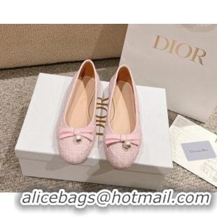 Best Price Dior Ballet Flat in Quilted Cannage Tweed with Pearl Bow Light Pink 1231102