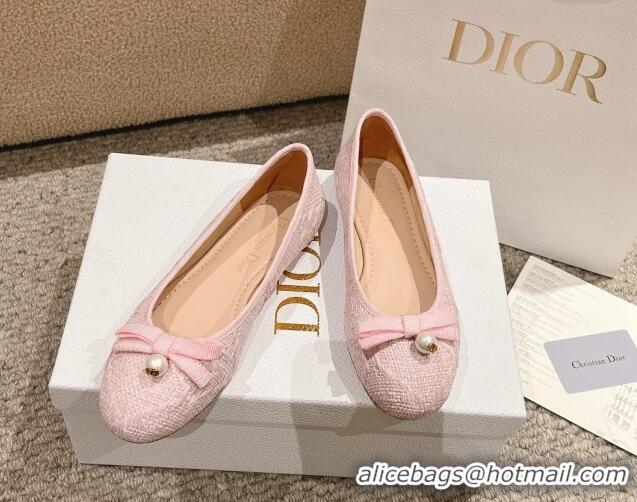 Best Price Dior Ballet Flat in Quilted Cannage Tweed with Pearl Bow Light Pink 1231102