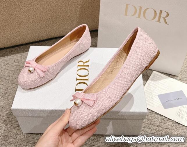 Best Price Dior Ballet Flat in Quilted Cannage Tweed with Pearl Bow Light Pink 1231102