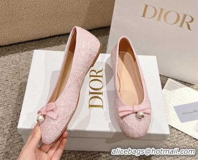 Best Price Dior Ballet Flat in Quilted Cannage Tweed with Pearl Bow Light Pink 1231102