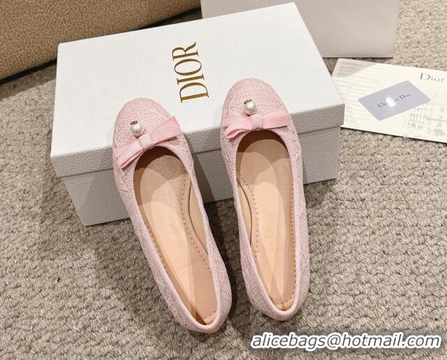 Best Price Dior Ballet Flat in Quilted Cannage Tweed with Pearl Bow Light Pink 1231102