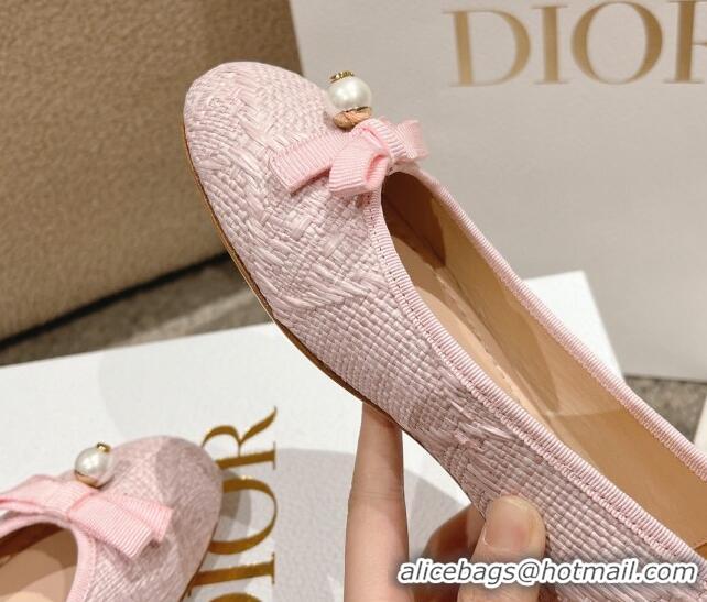 Best Price Dior Ballet Flat in Quilted Cannage Tweed with Pearl Bow Light Pink 1231102