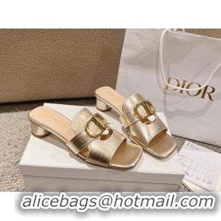 Grade Quality Dior 30 Montaigne Heeled Slides Sandal 3.5cm in Gold Metallic Calfskin 1231103