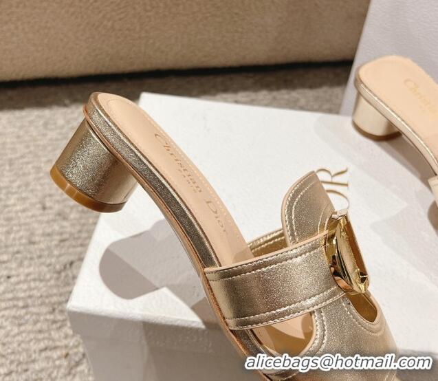 Grade Quality Dior 30 Montaigne Heeled Slides Sandal 3.5cm in Gold Metallic Calfskin 1231103