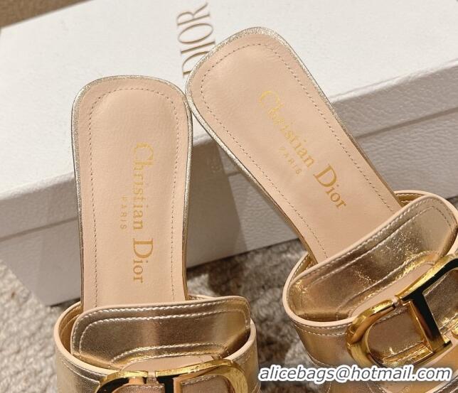 Grade Quality Dior 30 Montaigne Heeled Slides Sandal 3.5cm in Gold Metallic Calfskin 1231103