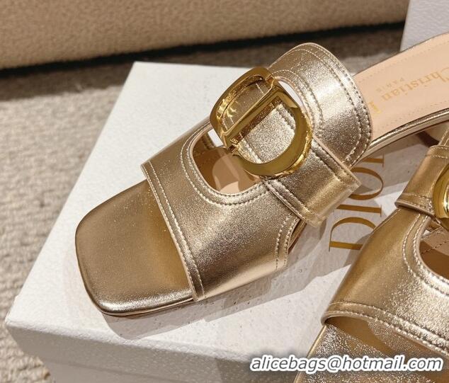 Grade Quality Dior 30 Montaigne Heeled Slides Sandal 3.5cm in Gold Metallic Calfskin 1231103