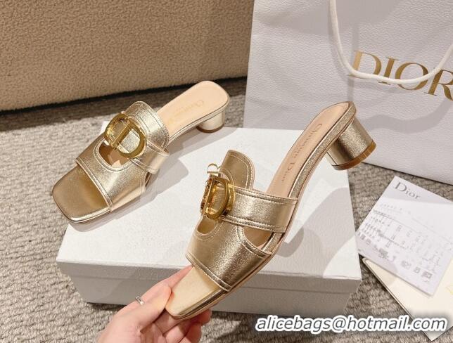 Grade Quality Dior 30 Montaigne Heeled Slides Sandal 3.5cm in Gold Metallic Calfskin 1231103