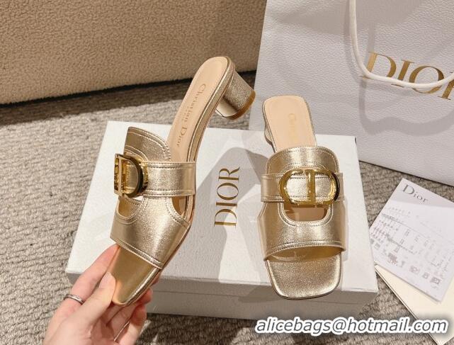 Grade Quality Dior 30 Montaigne Heeled Slides Sandal 3.5cm in Gold Metallic Calfskin 1231103