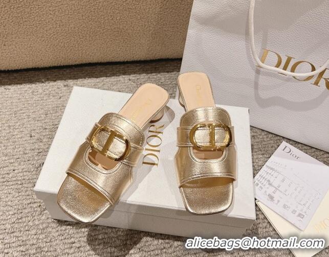 Grade Quality Dior 30 Montaigne Heeled Slides Sandal 3.5cm in Gold Metallic Calfskin 1231103