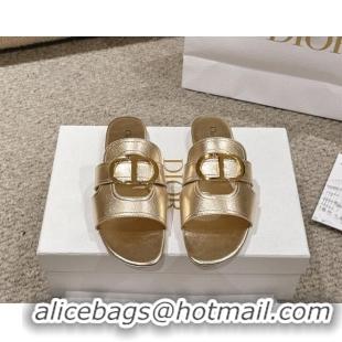 Shop Duplicate Dior 30 Montaigne Flat Slides Sandal in Gold-Tone Metallic Calfskin 1231105