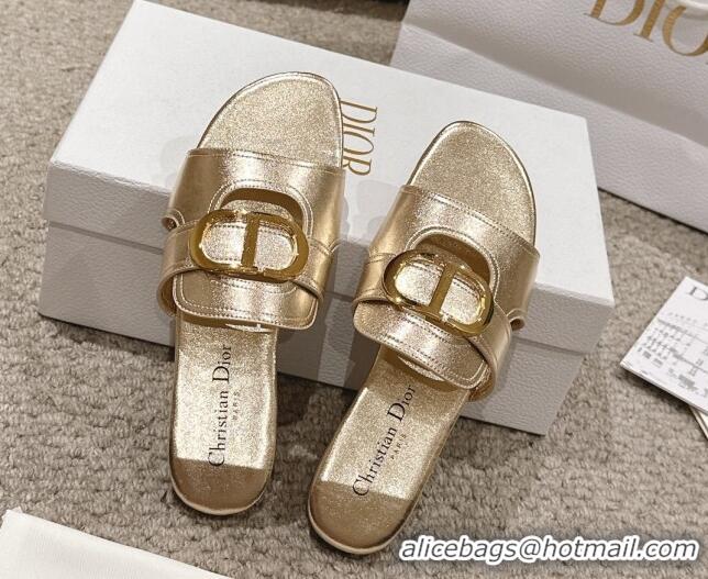 Shop Duplicate Dior 30 Montaigne Flat Slides Sandal in Gold-Tone Metallic Calfskin 1231105