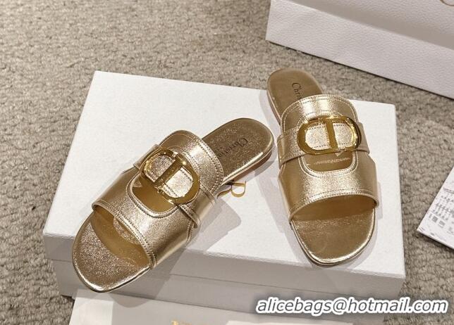 Shop Duplicate Dior 30 Montaigne Flat Slides Sandal in Gold-Tone Metallic Calfskin 1231105