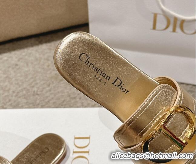 Shop Duplicate Dior 30 Montaigne Flat Slides Sandal in Gold-Tone Metallic Calfskin 1231105