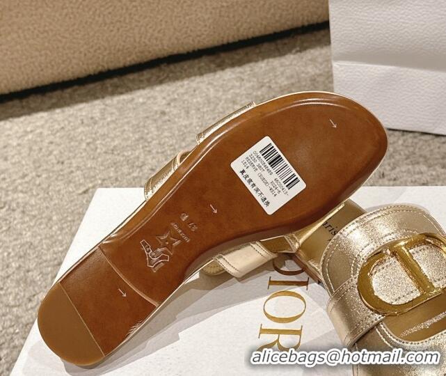 Shop Duplicate Dior 30 Montaigne Flat Slides Sandal in Gold-Tone Metallic Calfskin 1231105