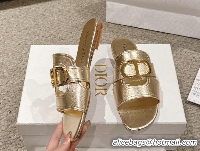 Shop Duplicate Dior 30 Montaigne Flat Slides Sandal in Gold-Tone Metallic Calfskin 1231105