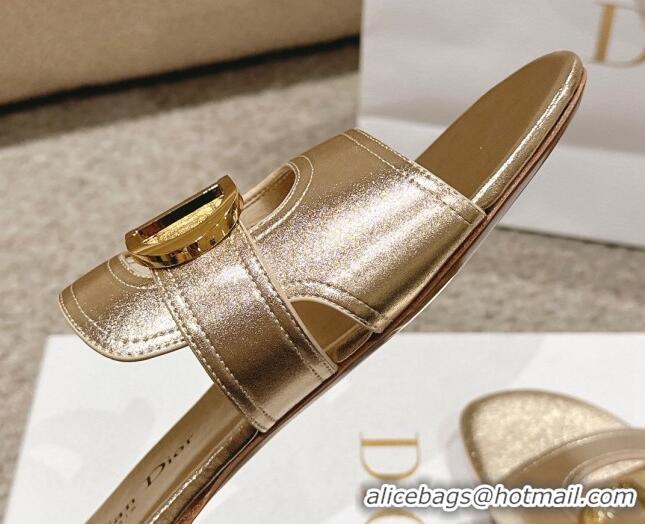 Shop Duplicate Dior 30 Montaigne Flat Slides Sandal in Gold-Tone Metallic Calfskin 1231105