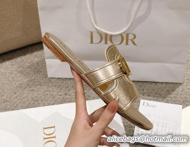 Shop Duplicate Dior 30 Montaigne Flat Slides Sandal in Gold-Tone Metallic Calfskin 1231105