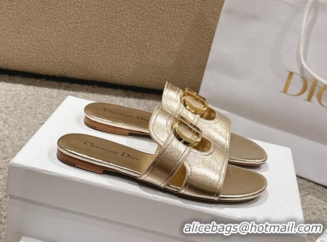 Shop Duplicate Dior 30 Montaigne Flat Slides Sandal in Gold-Tone Metallic Calfskin 1231105