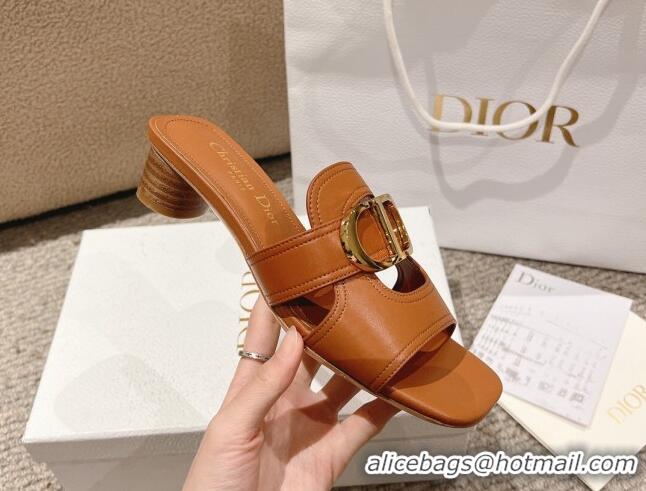 Grade Quality Dior 30 Montaigne Heeled Slides Sandal 3.5cm in Calfskin Brown 1231110