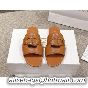 Low Price Dior 30 Montaigne Flat Slides Sandal in Calfskin Brown 1231111