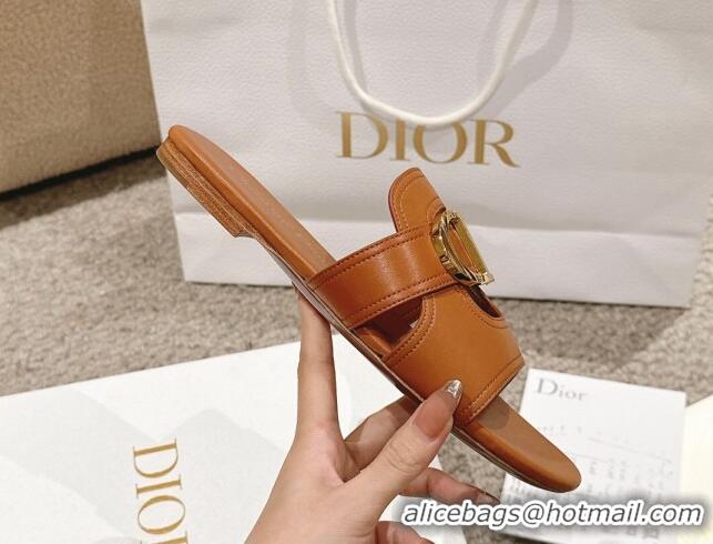 Low Price Dior 30 Montaigne Flat Slides Sandal in Calfskin Brown 1231111