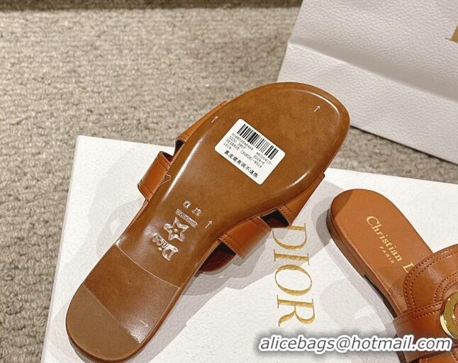 Low Price Dior 30 Montaigne Flat Slides Sandal in Calfskin Brown 1231111