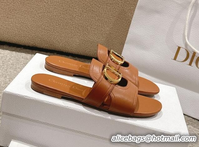 Low Price Dior 30 Montaigne Flat Slides Sandal in Calfskin Brown 1231111