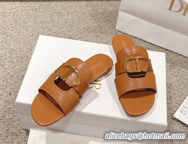 Low Price Dior 30 Montaigne Flat Slides Sandal in Calfskin Brown 1231111