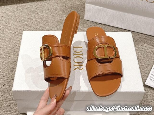 Low Price Dior 30 Montaigne Flat Slides Sandal in Calfskin Brown 1231111