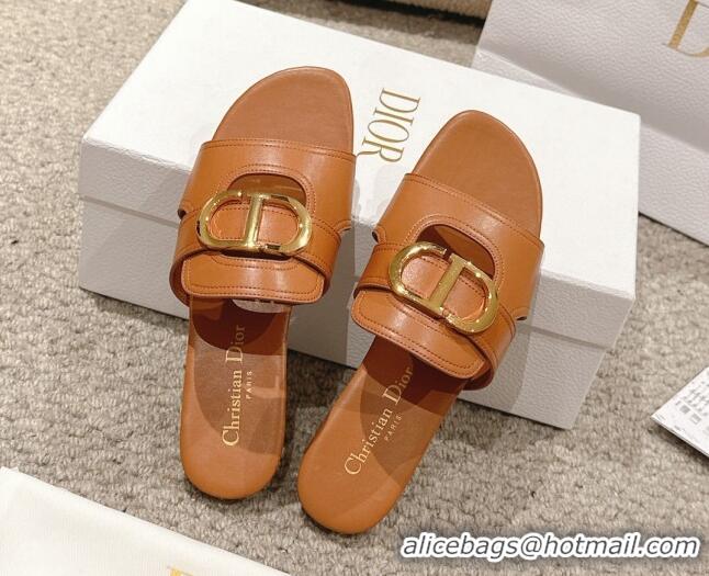 Low Price Dior 30 Montaigne Flat Slides Sandal in Calfskin Brown 1231111