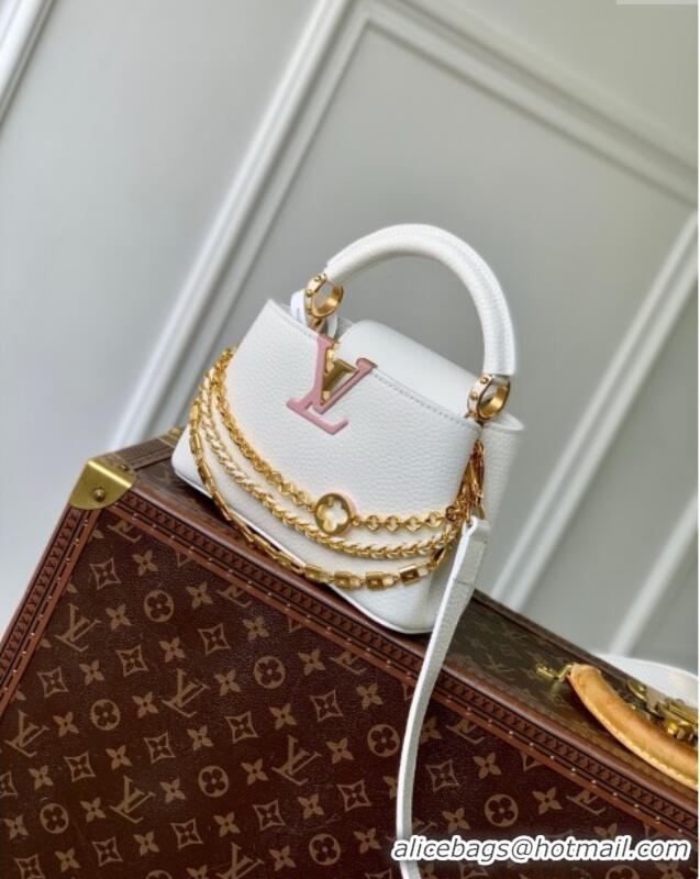 Good Taste Louis Vuitton Capucines Mini Bag with Mother-of-pearl Hardware in White Taurillon Leather M11342 2025