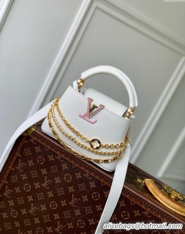 Good Taste Louis Vuitton Capucines Mini Bag with Mother-of-pearl Hardware in White Taurillon Leather M11342 2025