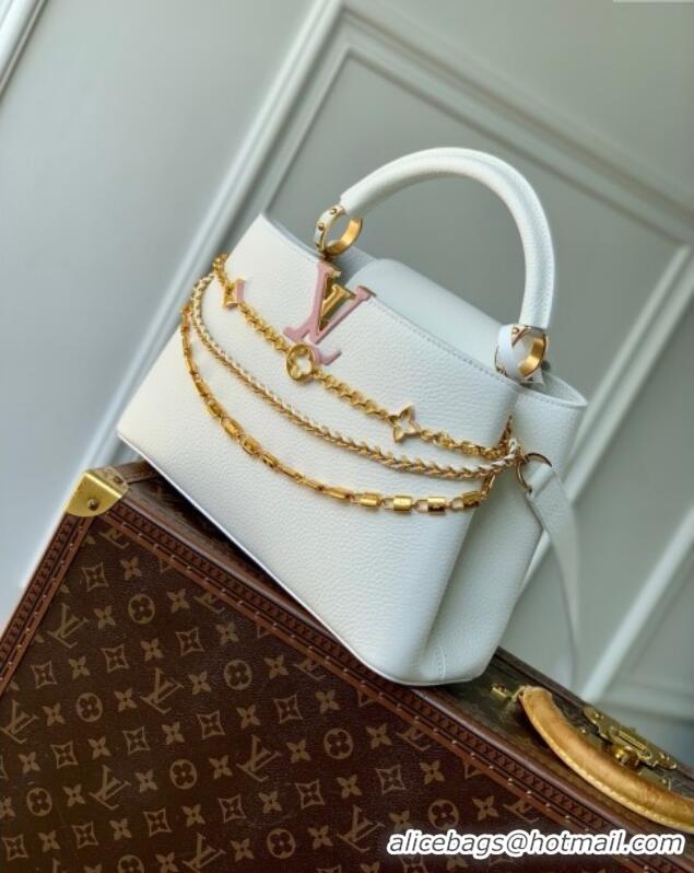 Reasonable Price Louis Vuitton Capucines MM Bag with Mother-of-pearl Hardware in White Taurillon Leather M11342 2025