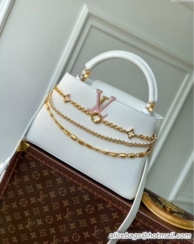 Reasonable Price Louis Vuitton Capucines MM Bag with Mother-of-pearl Hardware in White Taurillon Leather M11342 2025