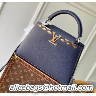 Super Quality Louis Vuitton Capucines MM Bag in Black Taurillon Leather with Maxi Studs M12751 Navy Blue 2025