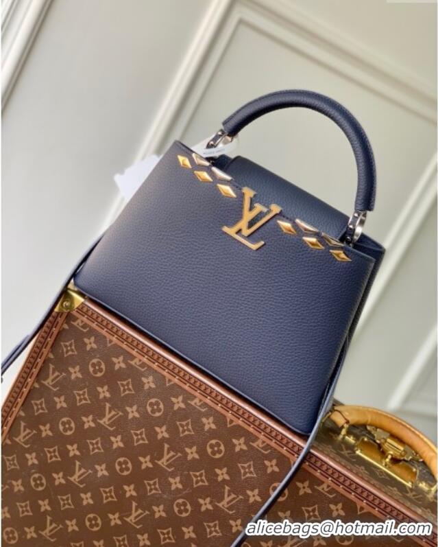 Super Quality Louis Vuitton Capucines MM Bag in Black Taurillon Leather with Maxi Studs M12751 Navy Blue 2025