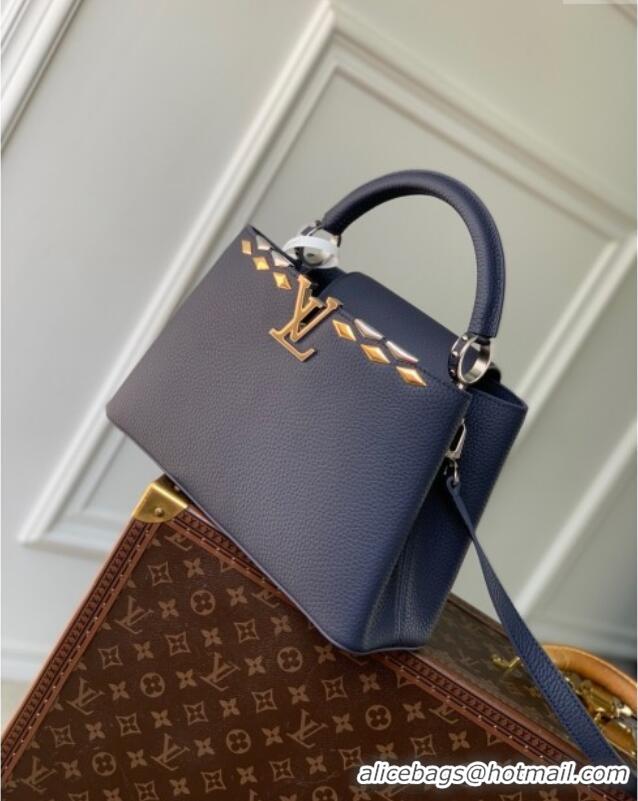 Super Quality Louis Vuitton Capucines MM Bag in Black Taurillon Leather with Maxi Studs M12751 Navy Blue 2025