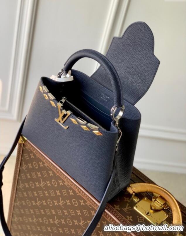 Super Quality Louis Vuitton Capucines MM Bag in Black Taurillon Leather with Maxi Studs M12751 Navy Blue 2025