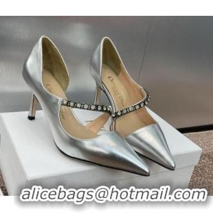 Unique Style Dior Metallic Leather Pumps 7cm with Strass Strap Silver 0220049