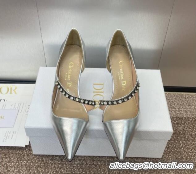 Unique Style Dior Metallic Leather Pumps 7cm with Strass Strap Silver 0220049