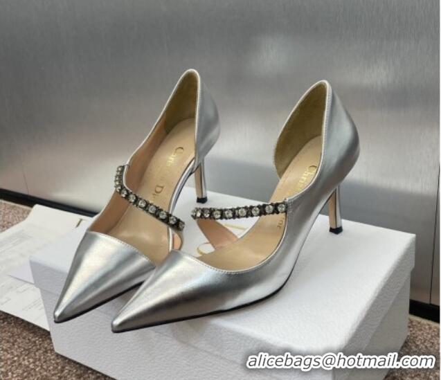 Unique Style Dior Metallic Leather Pumps 7cm with Strass Strap Silver 0220049