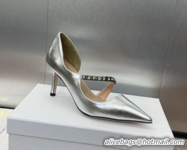 Unique Style Dior Metallic Leather Pumps 7cm with Strass Strap Silver 0220049