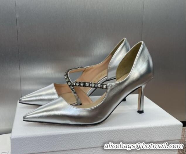 Unique Style Dior Metallic Leather Pumps 7cm with Strass Strap Silver 0220049