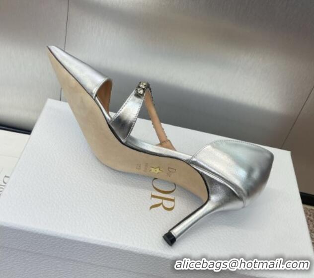 Unique Style Dior Metallic Leather Pumps 7cm with Strass Strap Silver 0220049