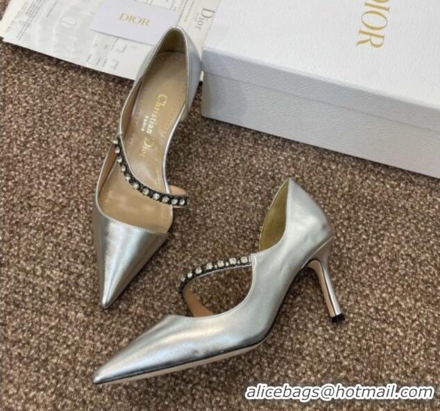 Unique Style Dior Metallic Leather Pumps 7cm with Strass Strap Silver 0220049