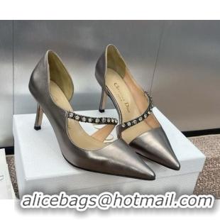 Luxurious Dior Metallic Leather Pumps 7cm with Strass Strap Grey 0220050