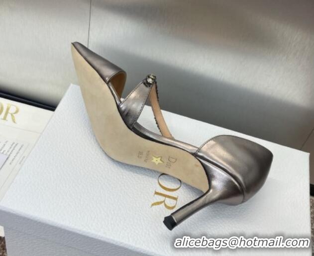 Luxurious Dior Metallic Leather Pumps 7cm with Strass Strap Grey 0220050