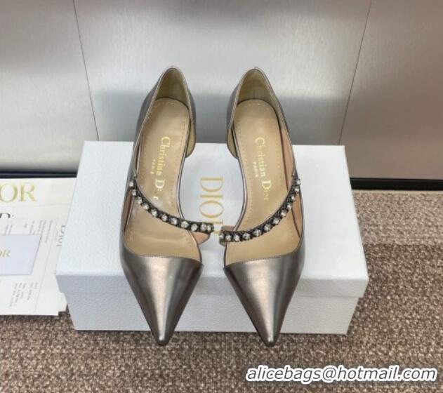 Luxurious Dior Metallic Leather Pumps 7cm with Strass Strap Grey 0220050